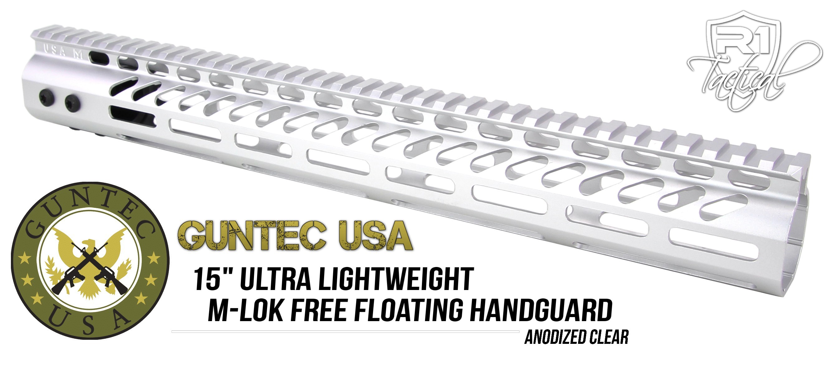 Guntec USA 15 inch Ultra Lightweight Thin M-LOK System Free Floating Handguard Monolithic Top Rail - Anodized Clear | Redcon1 Tactical