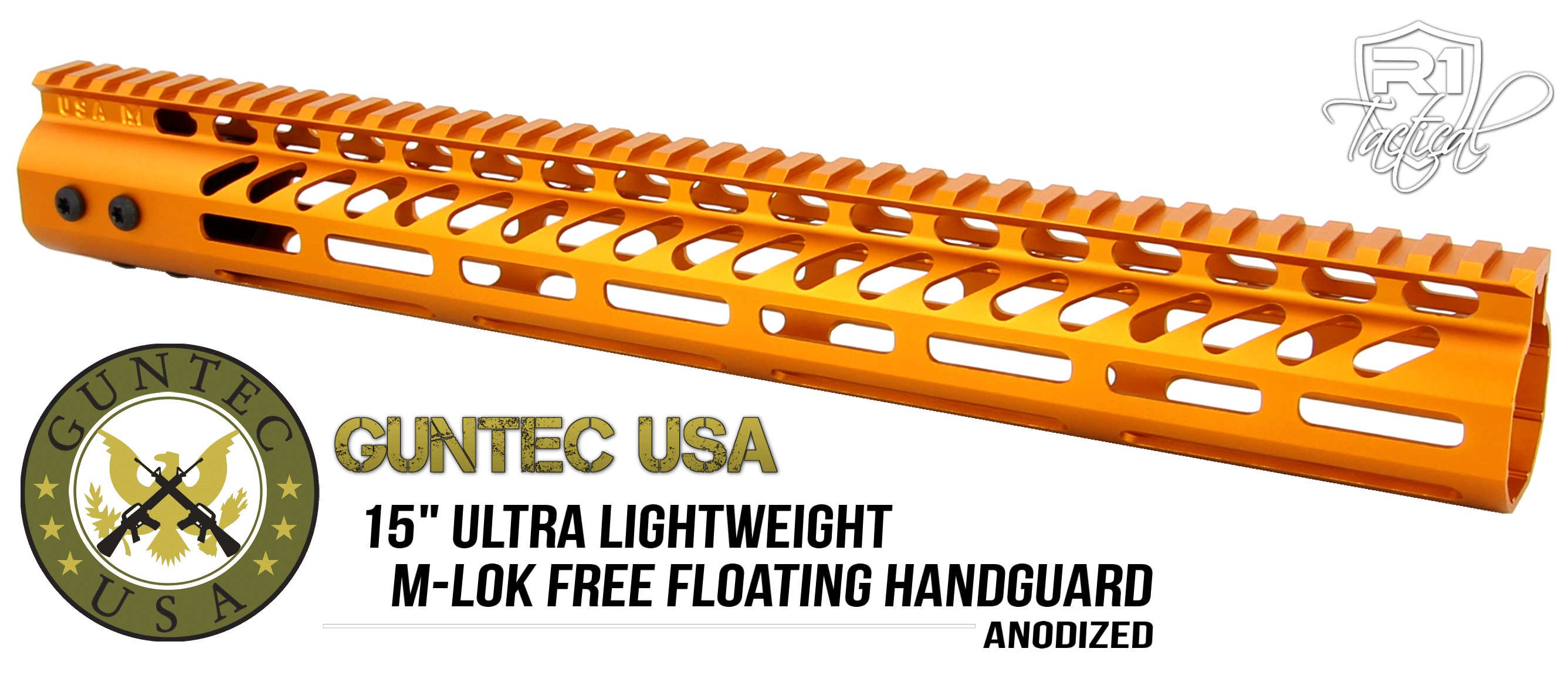 Guntec USA 15 inch Ultra Lightweight Thin M-LOK System Free Floating Handguard Monolithic Top Rail - Anodized Orange | Redcon1 Tactical