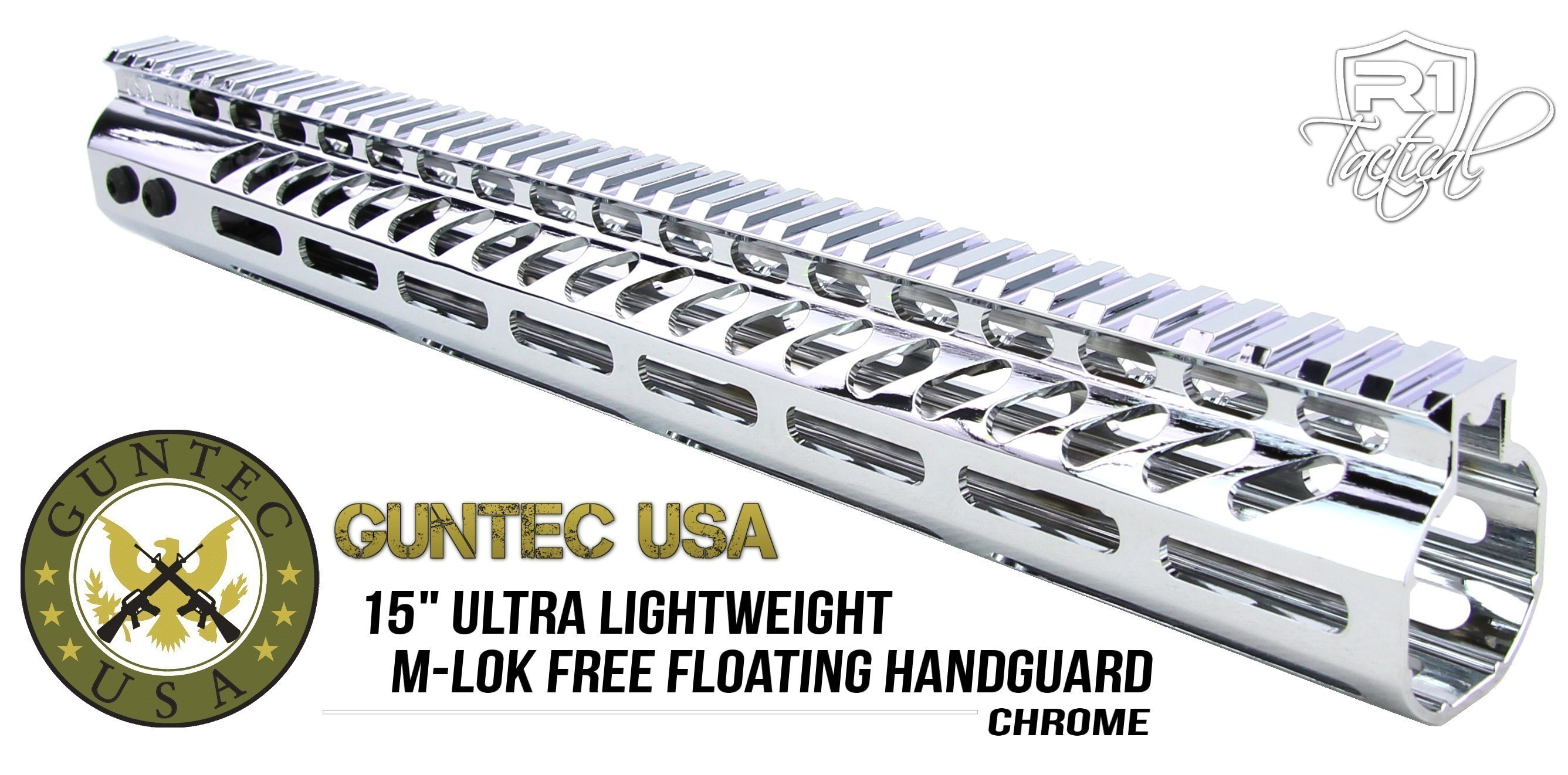 Guntec USA 15 inch Ultra Lightweight Thin M-LOK System Free Floating Handguard Monolithic Top Rail - Chrome | Redcon1 Tactical