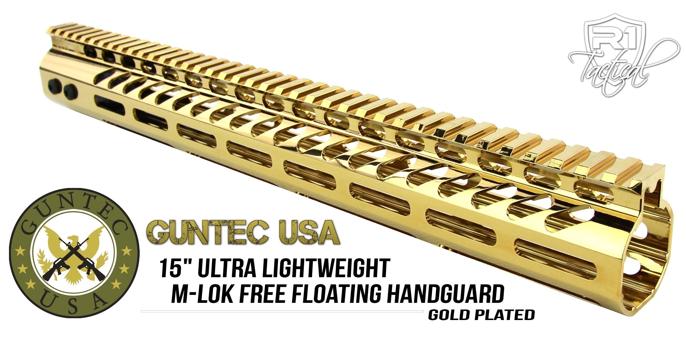 Guntec USA 15 inch Ultra Lightweight Thin M-LOK System Free Floating Handguard Monolithic Top Rail - Gold Plated | Redcon1 Tactical