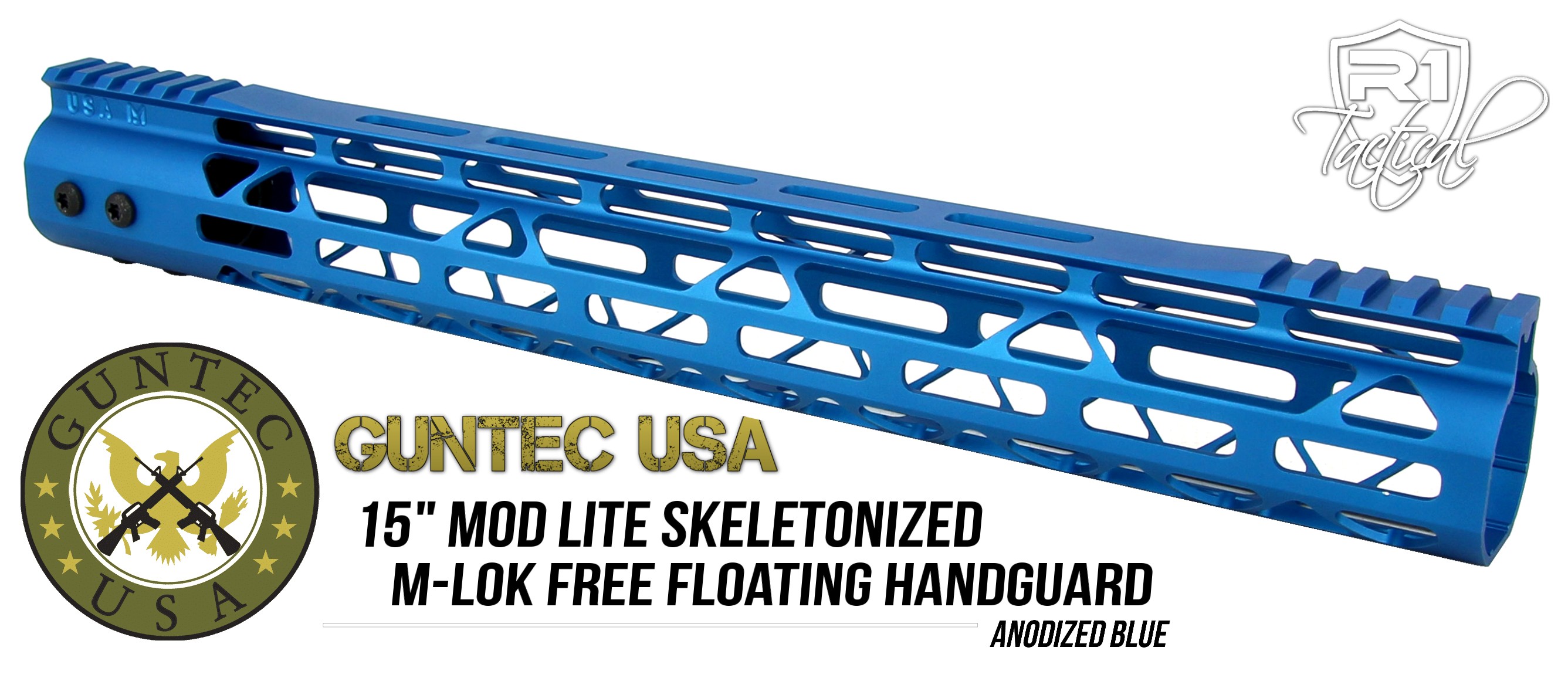 Guntec USA 15 inch MOD LITE Skeletonized Series M-LOK Free Floating Handguard Monolithic Top Rail - Anodized Blue | Redcon1 Tactical