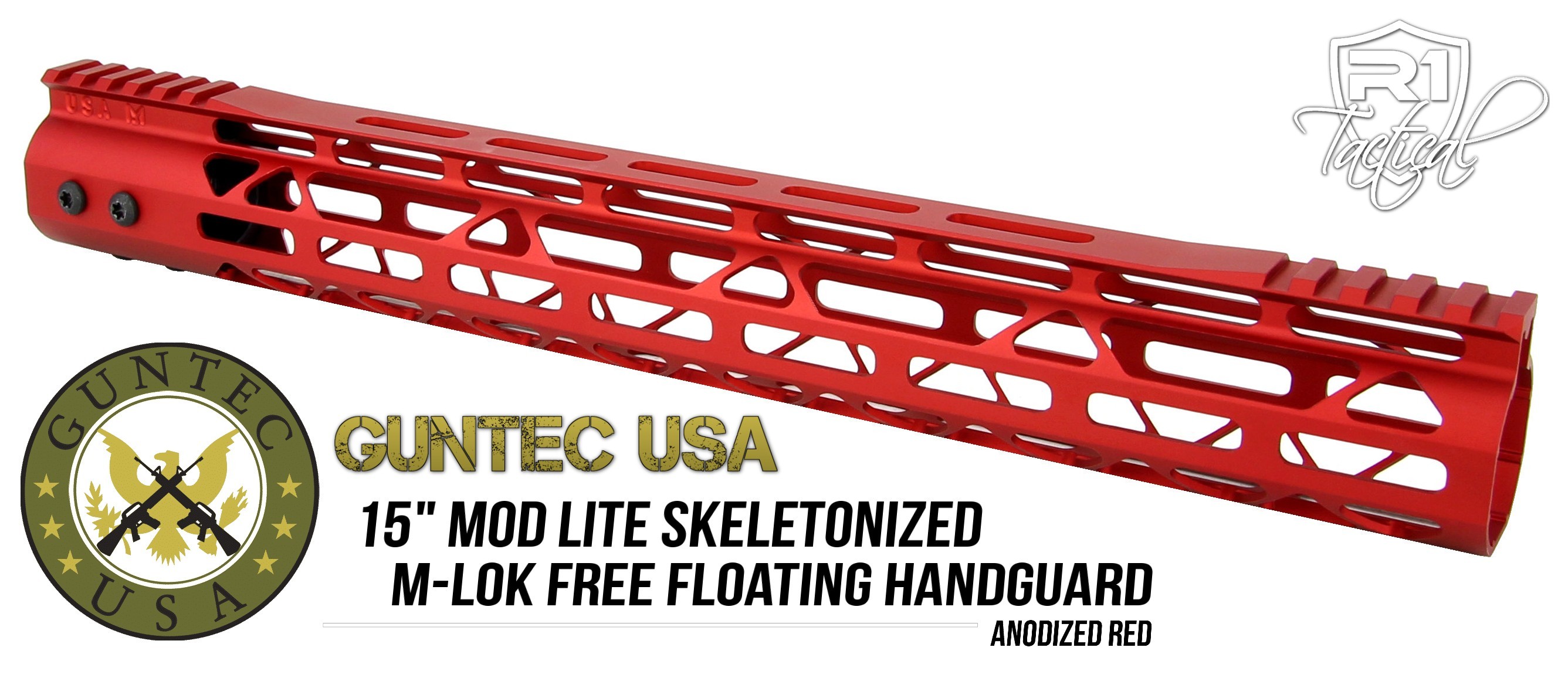 Guntec USA 15 inch MOD LITE Skeletonized Series M-LOK Free Floating Handguard Monolithic Top Rail - Anodized Red | Redcon1 Tactical